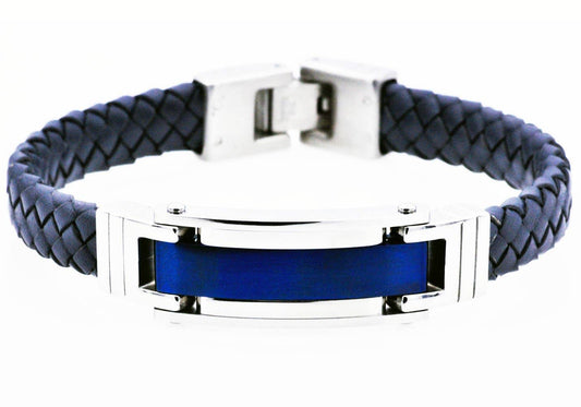 Men's Blue Stainless Steel Blue Leather Bracelet