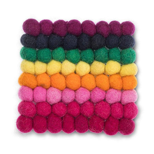Sq Rainbow Stripe Pompom Trivet-8"Sq