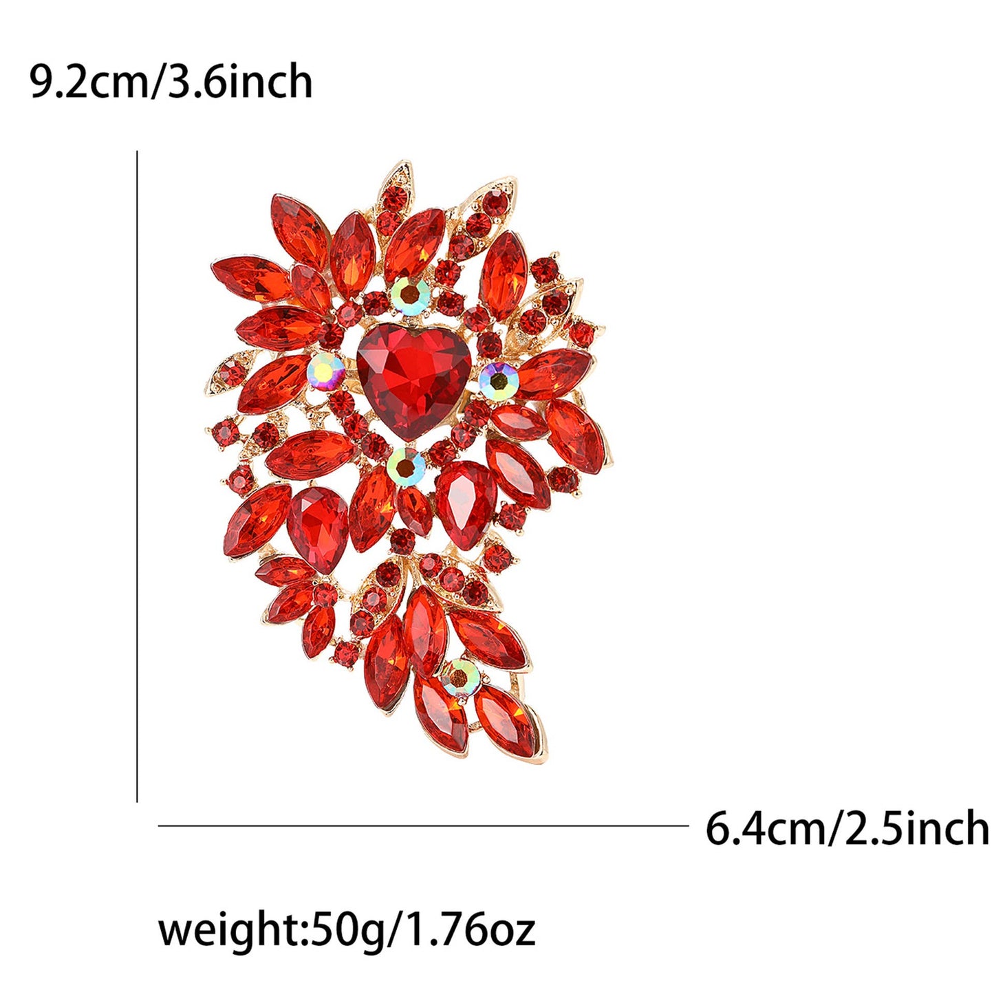 Large Rhinestone Leaf Heart Brooch Pin