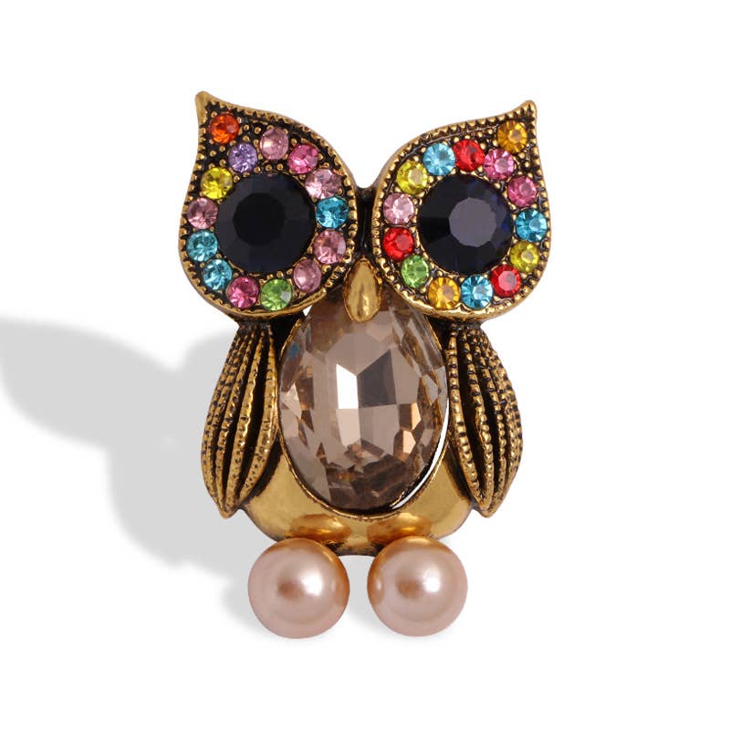 Cute Big Eyed Diamond-Studded Owl Alloy Brooch