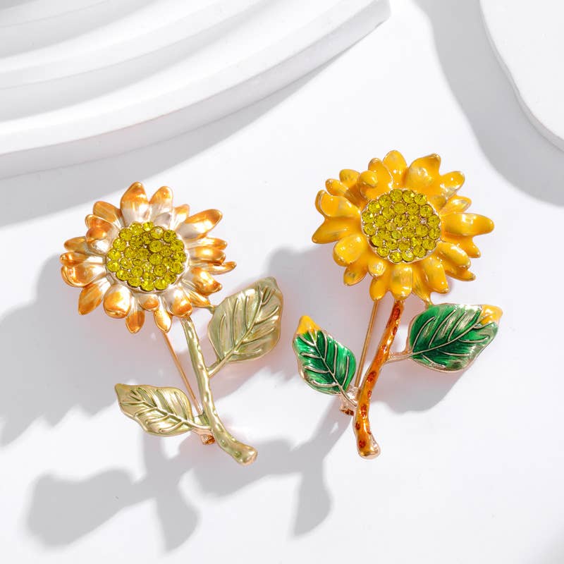 Rhinestone Sunflower Enamel Plant Brooch Pin