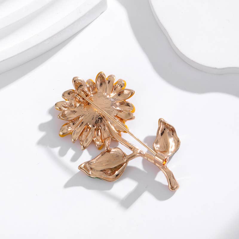Rhinestone Sunflower Enamel Plant Brooch Pin