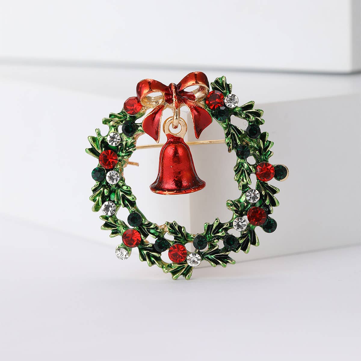 Rhinestone Christmas Wreath Brooch with Bell & Bow