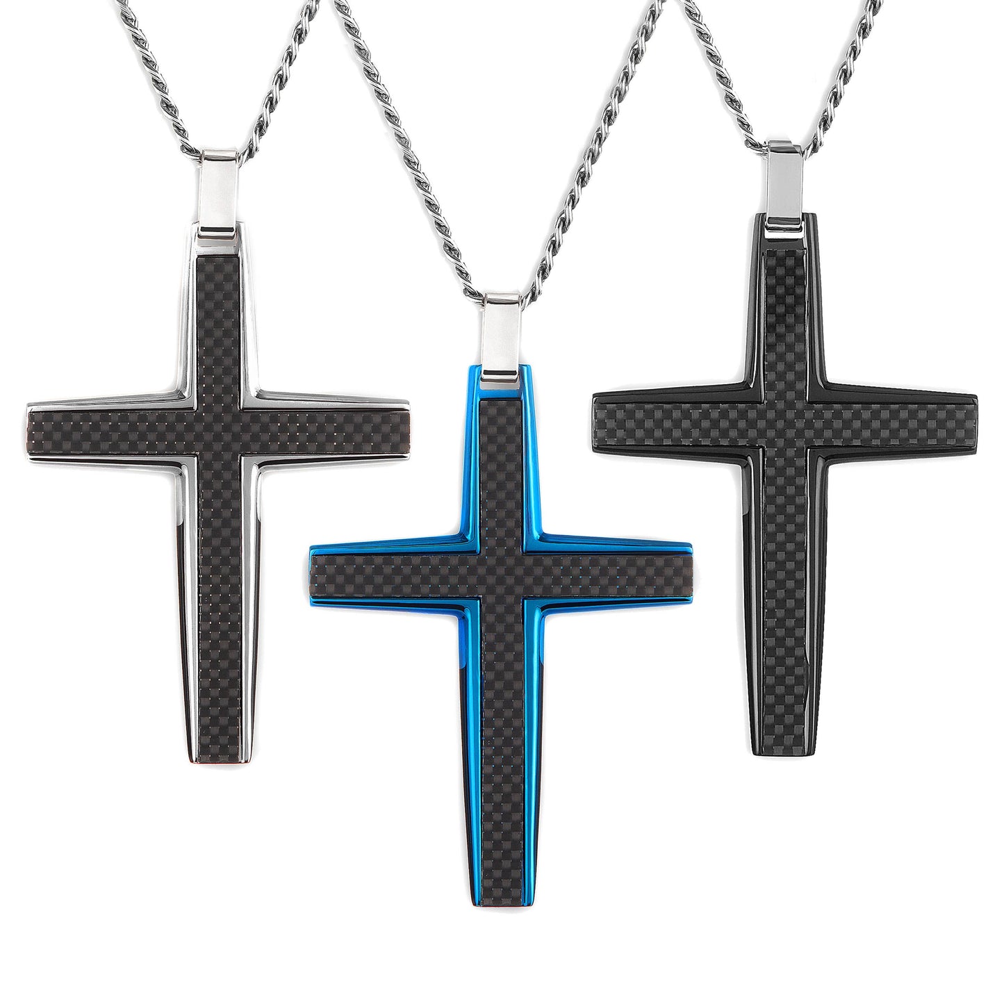 Men's Large Stainless Steel Carbon Fiber Cross Pendant