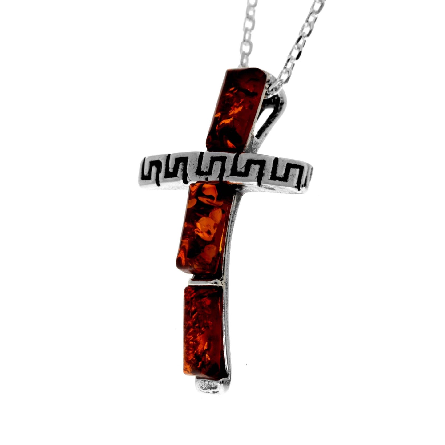 925 Steling Silver & Genuine Baltic Amber Modern Cross Pendant