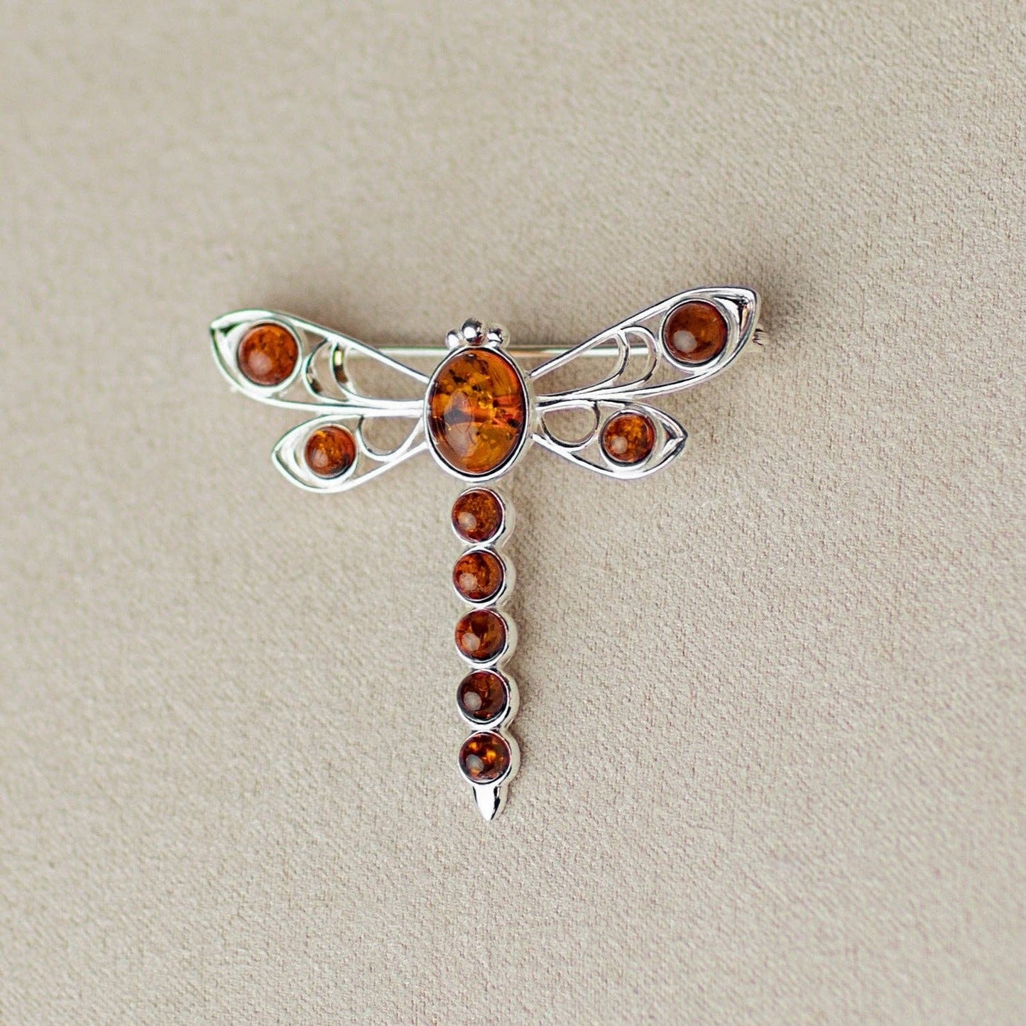 925 Sterling Silver & Baltic Amber Dragonfly Butterfly Brooch