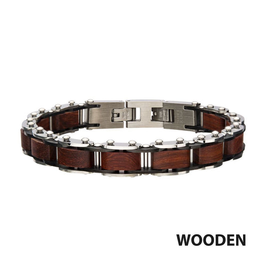 Stainless Steel with Red Sandal Wood Link Bracelet
