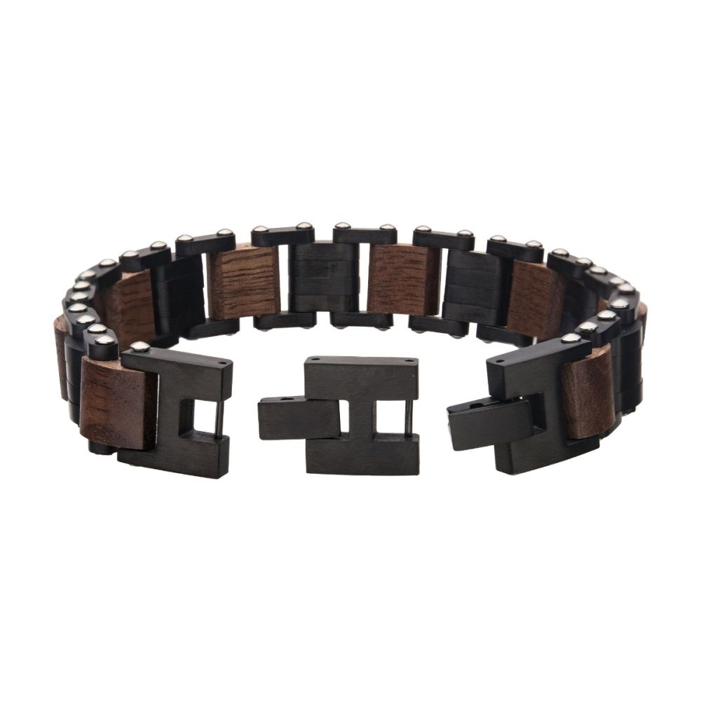 Stainless Steel with Walnut Wood Link Bracelet