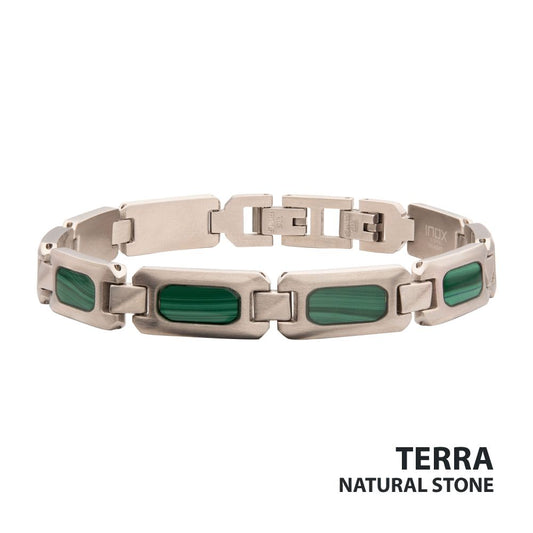 Matte Finish Stainless Steel Malachite Stone Inlay Sizeable Link Bracelet