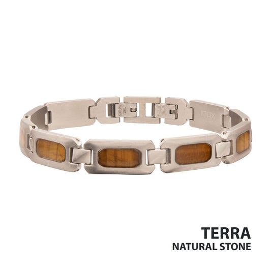 Matte Finish Stainless Steel Tiger Eye Stone Inlay Sizeable Link Bracelet