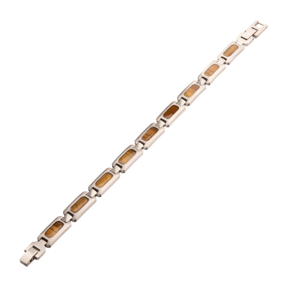 Matte Finish Stainless Steel Tiger Eye Stone Inlay Sizeable Link Bracelet