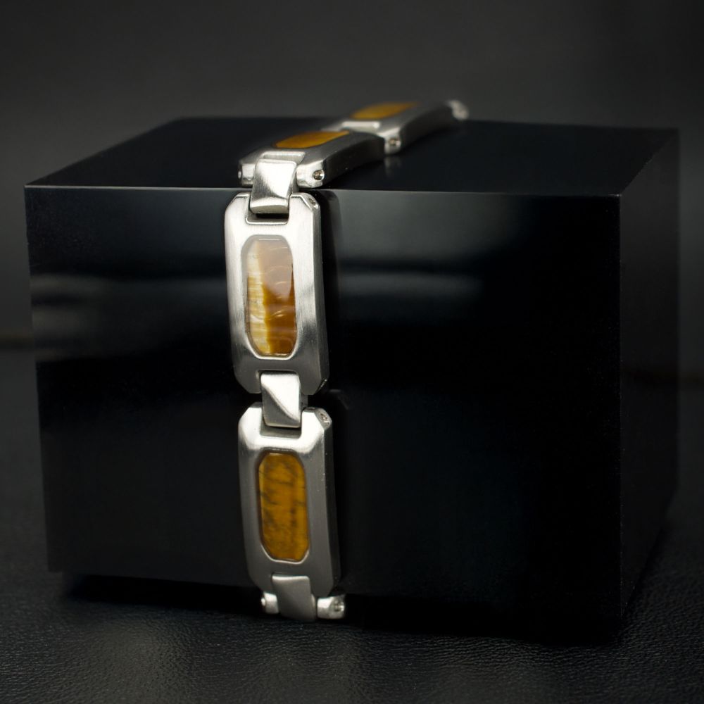 Matte Finish Stainless Steel Tiger Eye Stone Inlay Sizeable Link Bracelet