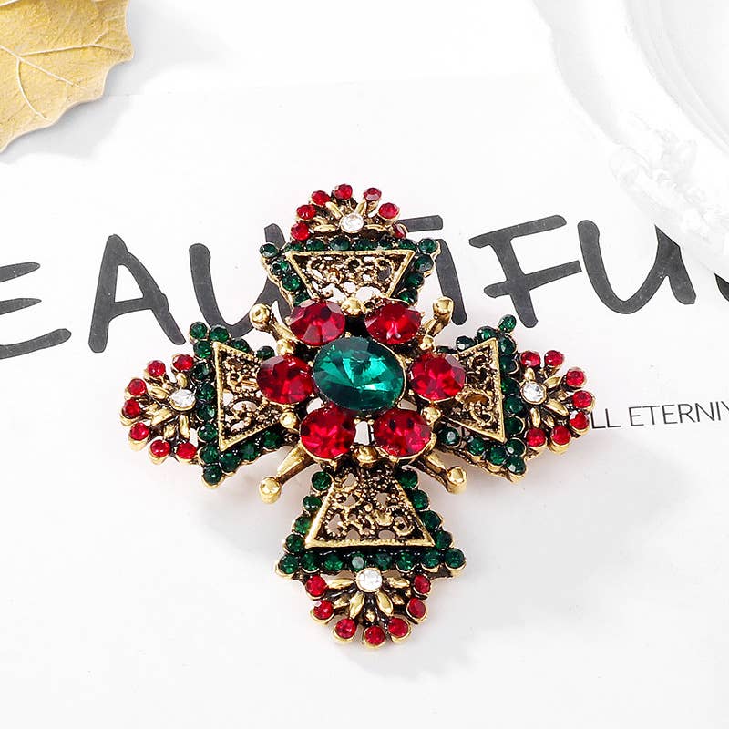 Geometric Rhinestone Cross Vintage Brooch Pin