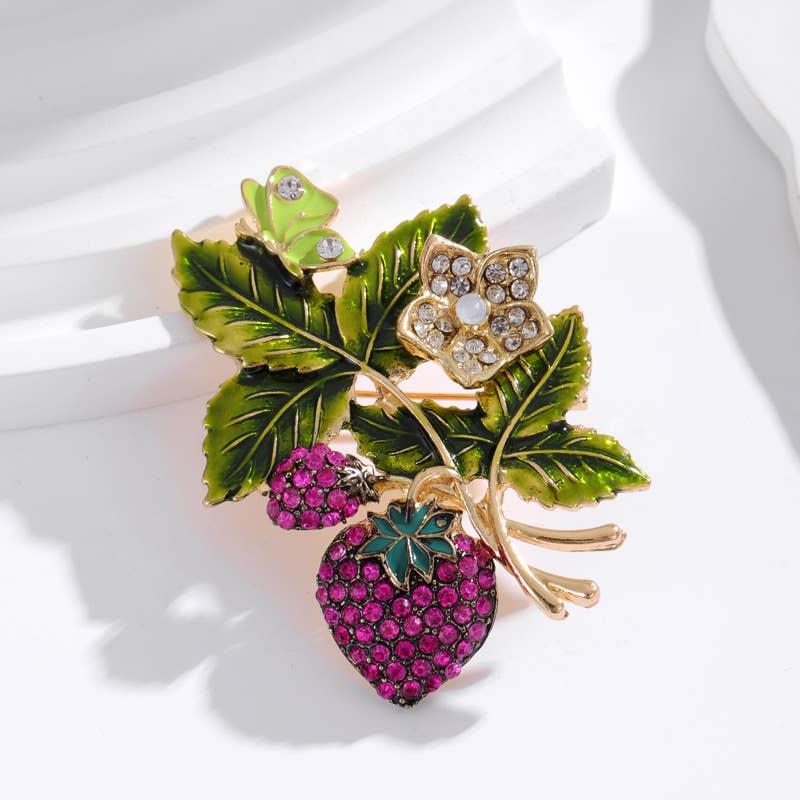 Vintage Enamel Leaf Strawberry Brooch Pin