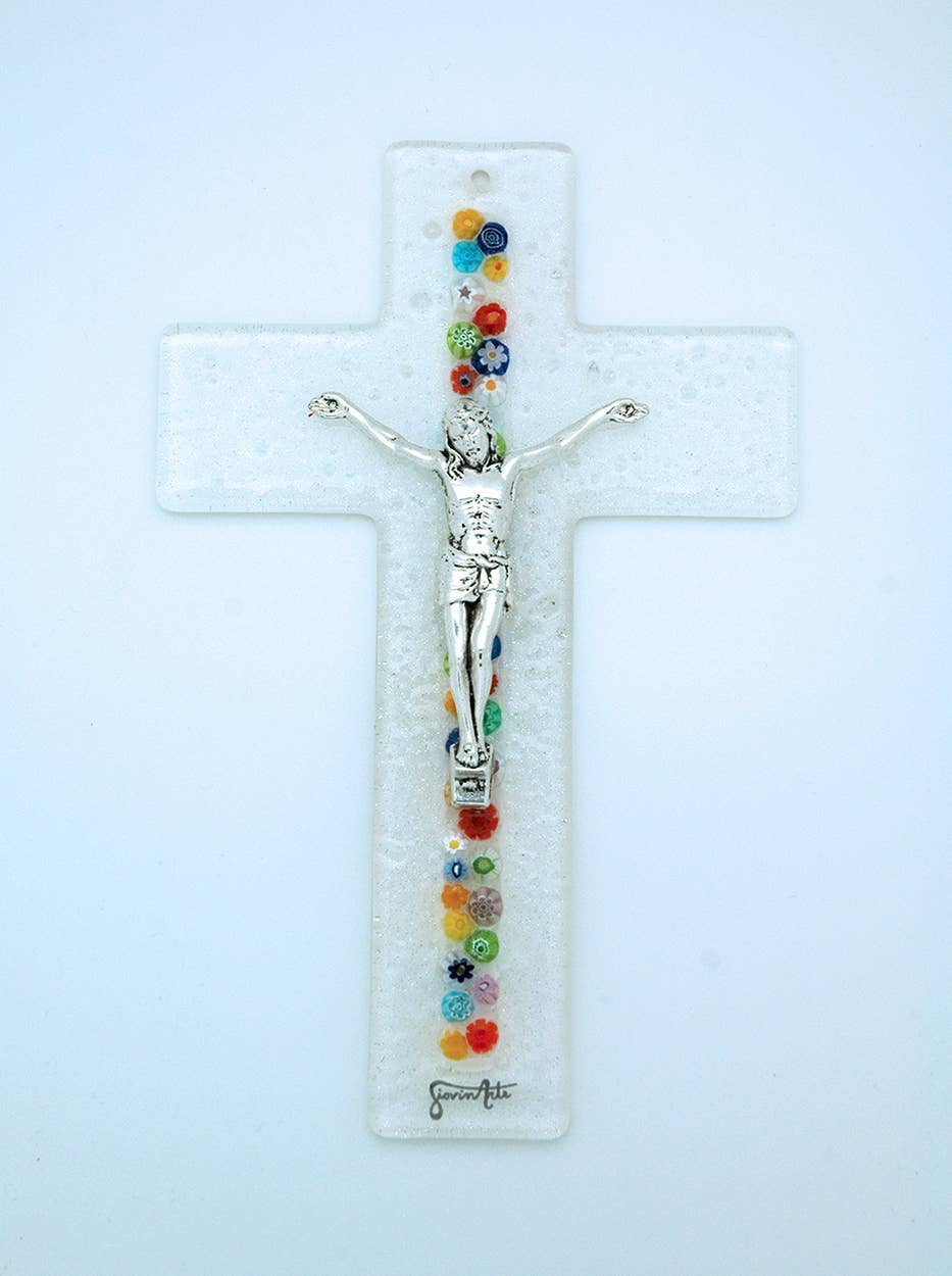 Italian Murano Glass Floral Cross Wall Accent