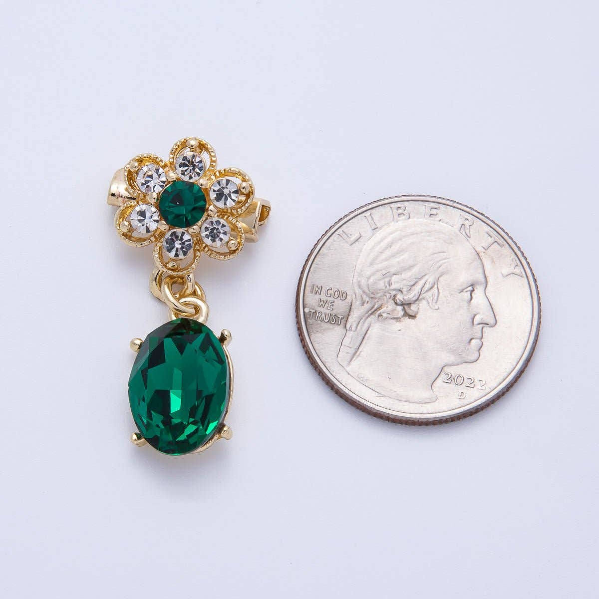 Gold 34.5mm x 15.3mm Green Oval Rhinestone Drop Flower Pin Brooch