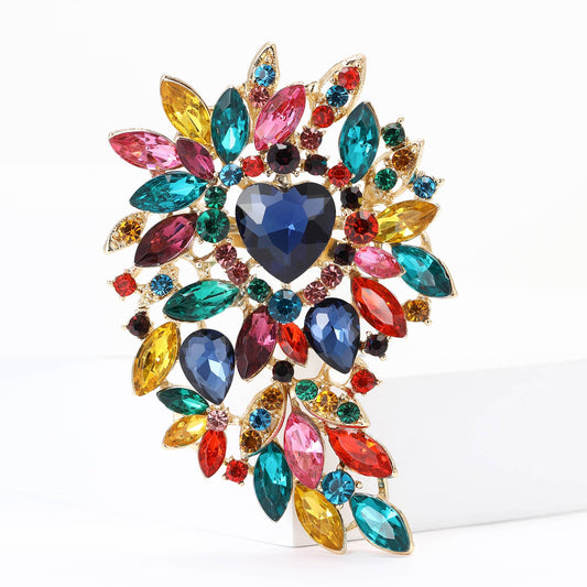 Large Rhinestone Leaf Heart Brooch Pin
