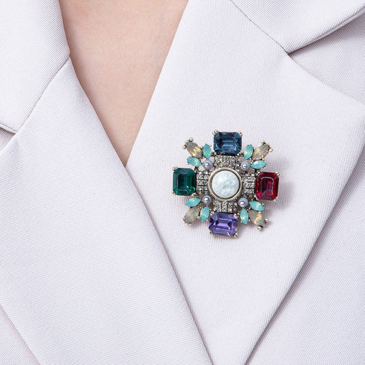 Vintage Antique Gold Multi Color Crystal Brooch Red Geren Blue Cross Crystal Pin