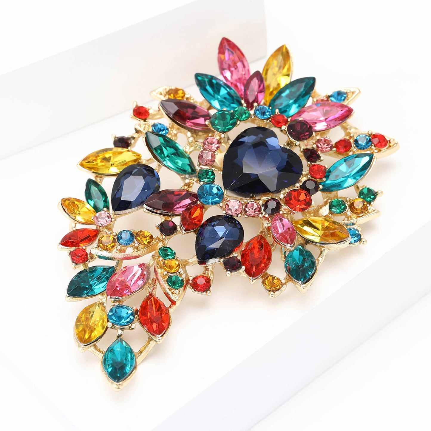 Large Rhinestone Leaf Heart Brooch Pin