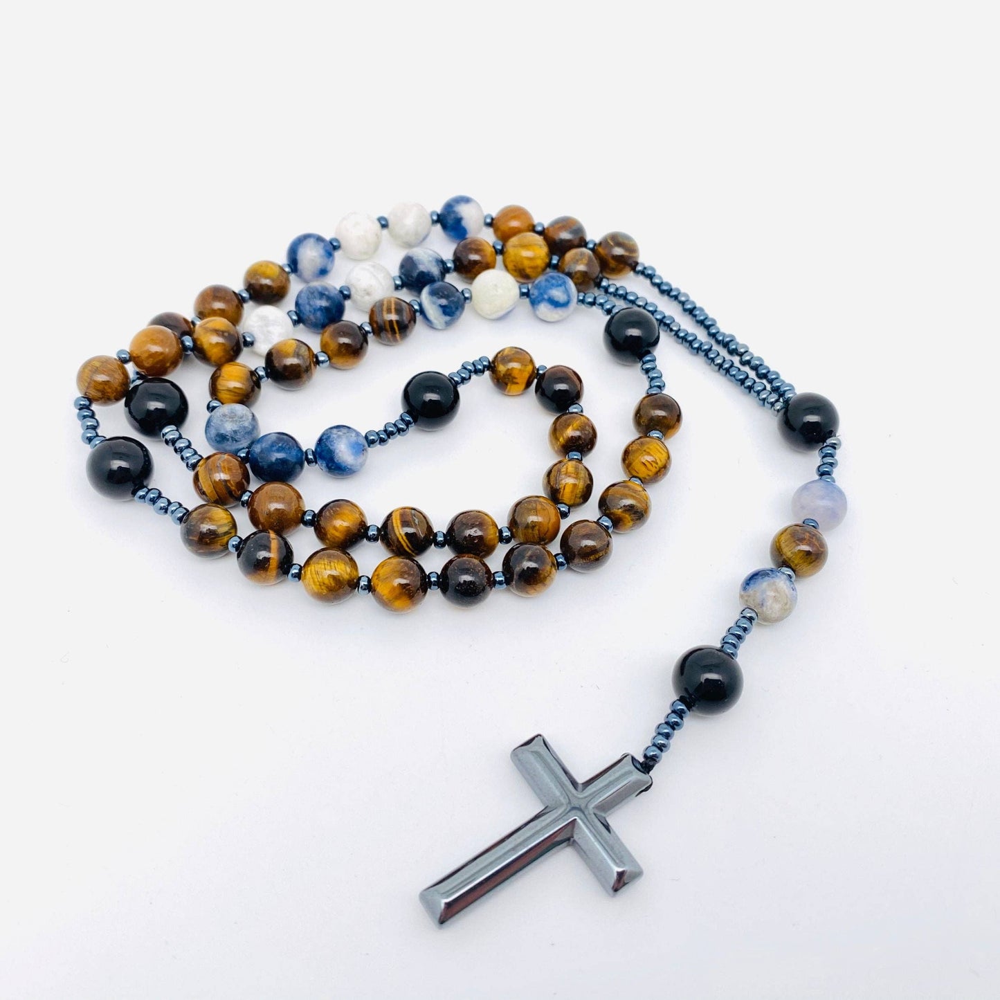 Tiger' Eye Blue-vein Stone Beaded Necklace Cross Pendant -CS