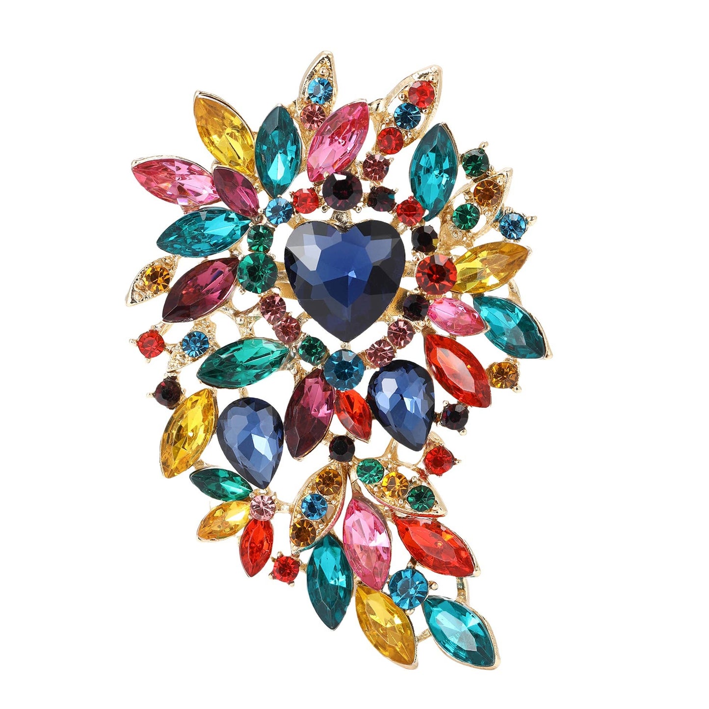 Large Rhinestone Leaf Heart Brooch Pin
