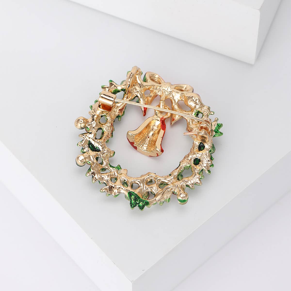Rhinestone Christmas Wreath Brooch with Bell & Bow