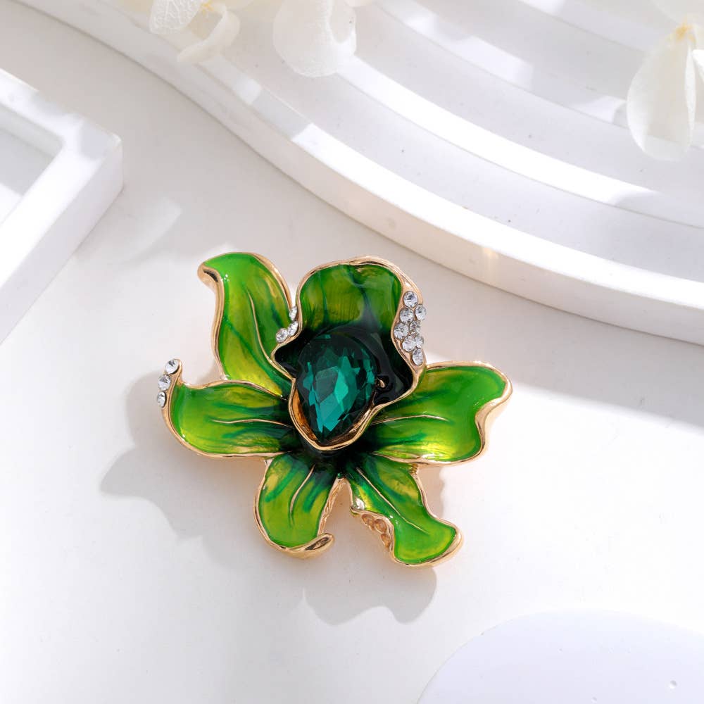 Orchid Flower Rhinestone Enamel Brooch Pin