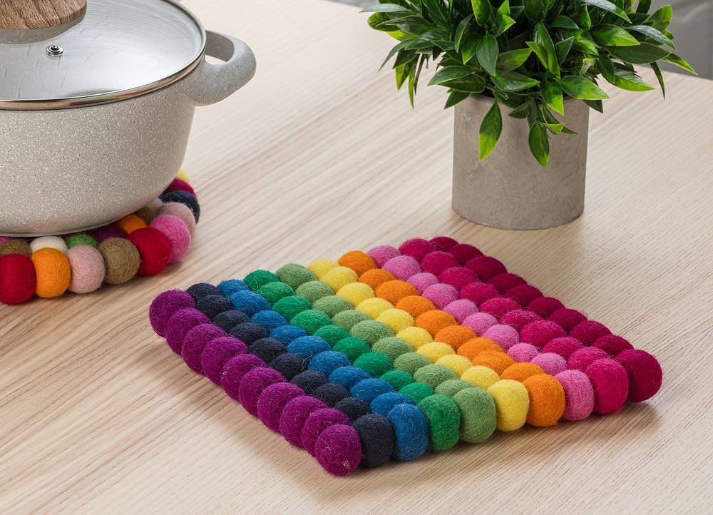 Sq Rainbow Stripe Pompom Trivet-8"Sq