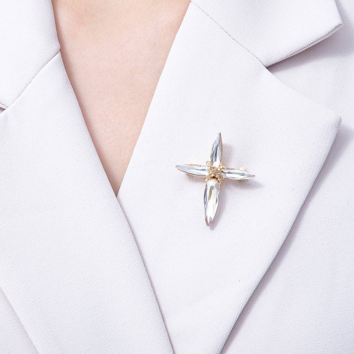 Gold 39mm x 33mm Marquise Rhinestone Tied Cross Pin Brooch
