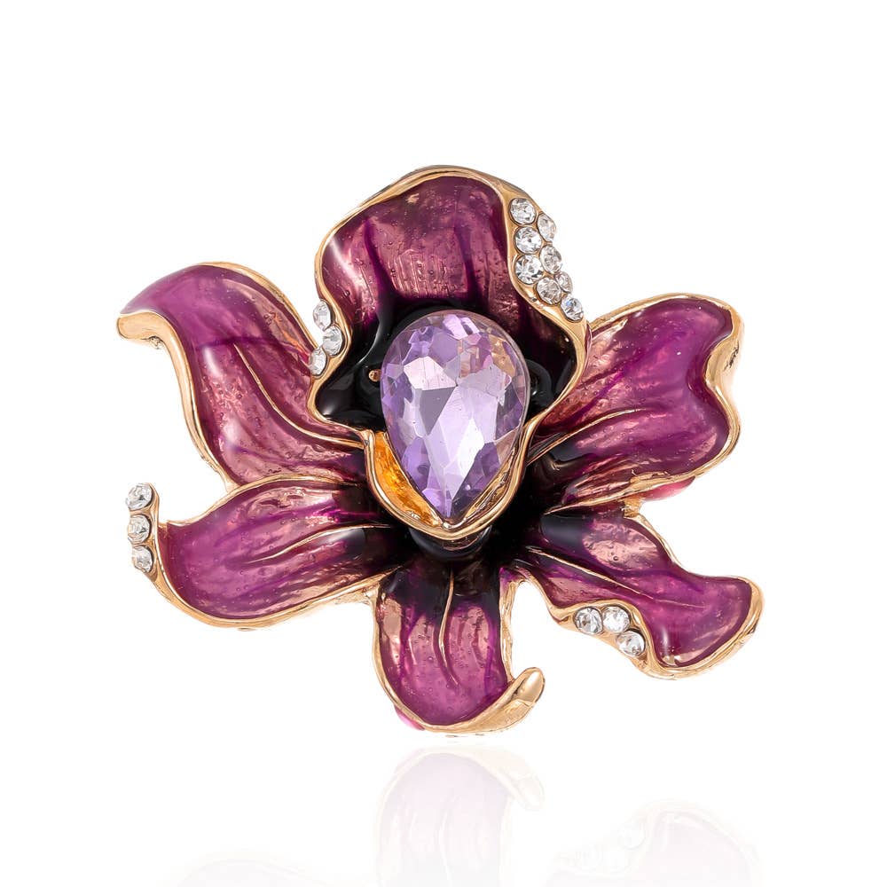Orchid Flower Rhinestone Enamel Brooch Pin