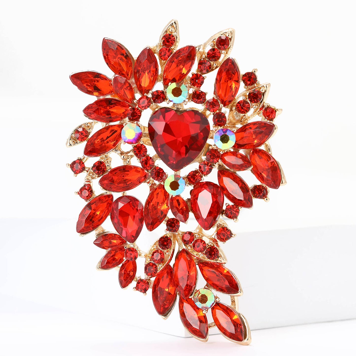 Large Rhinestone Leaf Heart Brooch Pin