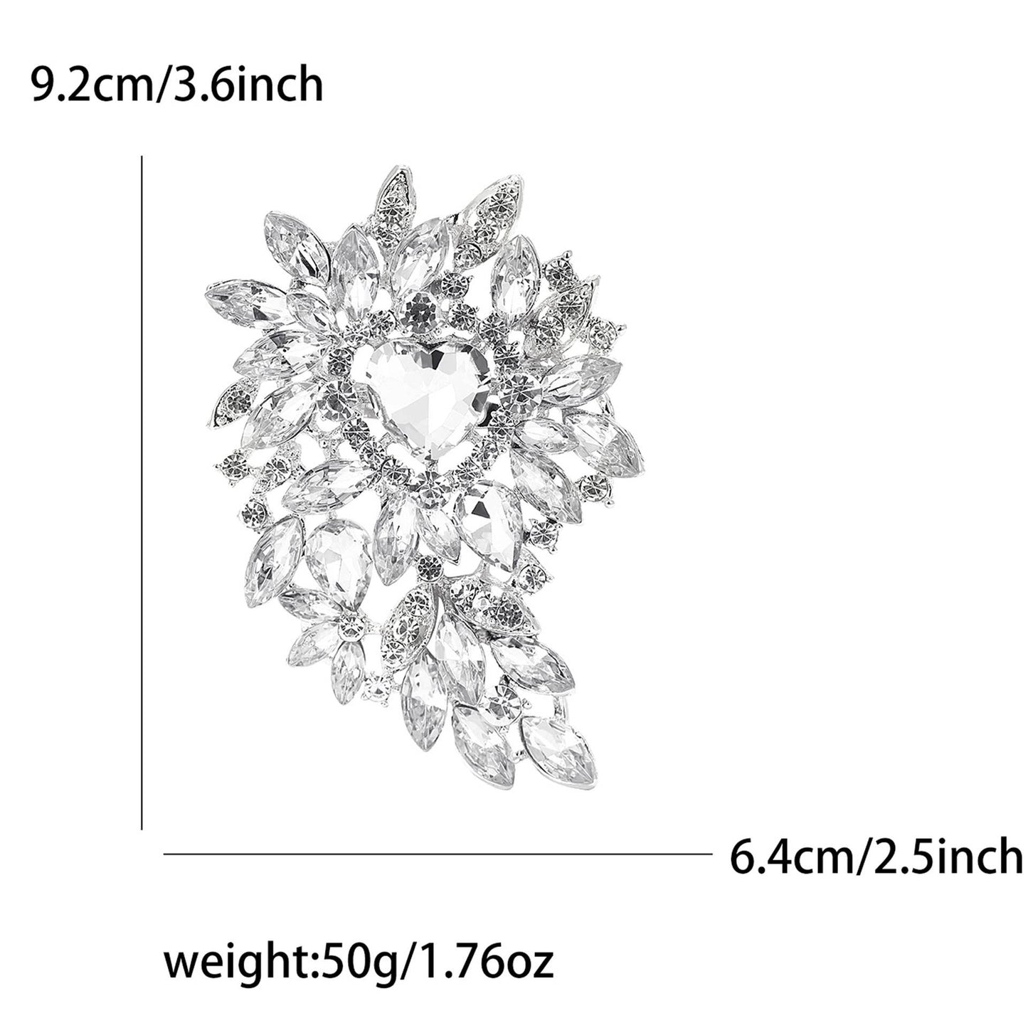 Large Rhinestone Leaf Heart Brooch Pin