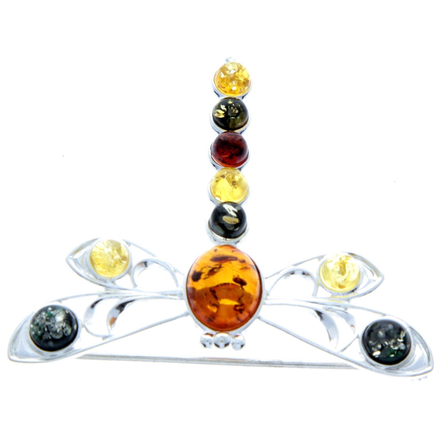 925 Sterling Silver & Baltic Amber Dragonfly Butterfly Brooch