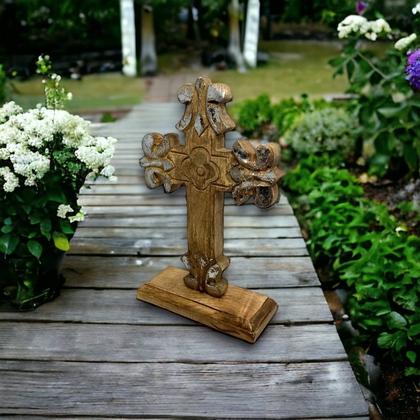 Double Sided Carved Wood St. Charles Table Cross Clearance