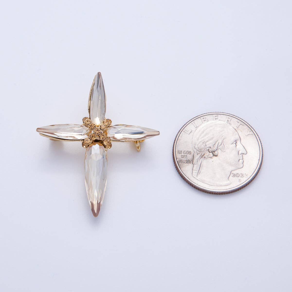 Gold 39mm x 33mm Marquise Rhinestone Tied Cross Pin Brooch