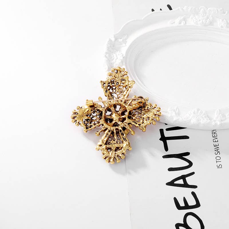 Geometric Rhinestone Cross Vintage Brooch Pin