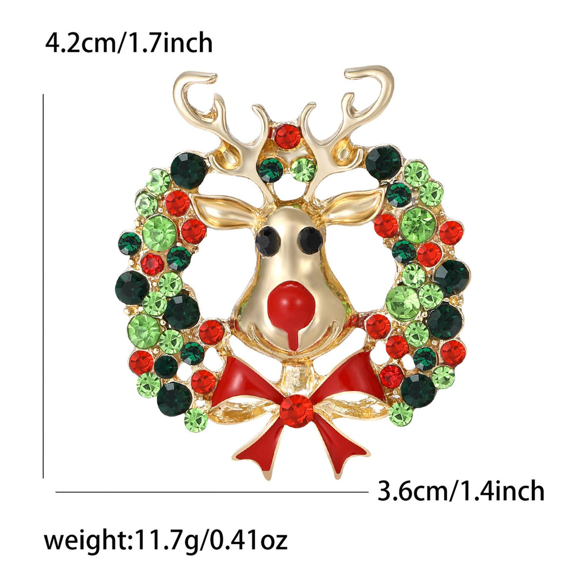 Christmas Reindeer Brooch with Colorful Rhinestone Wreath