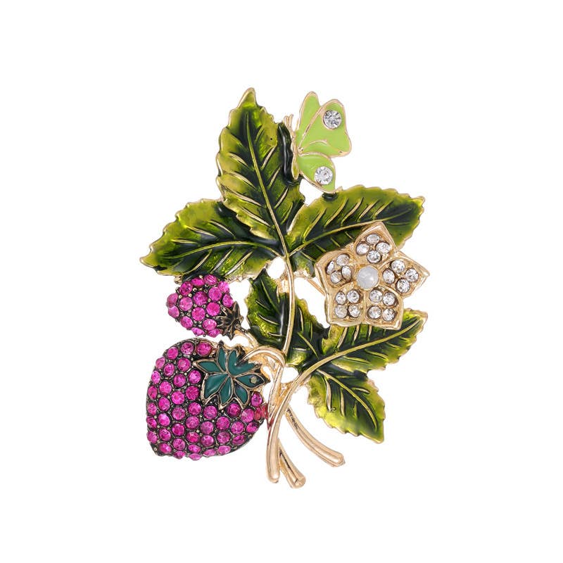 Vintage Enamel Leaf Strawberry Brooch Pin