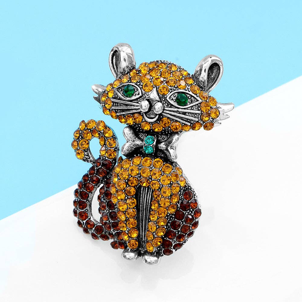 Rhinestone Bowknot Cat Brooch Pin