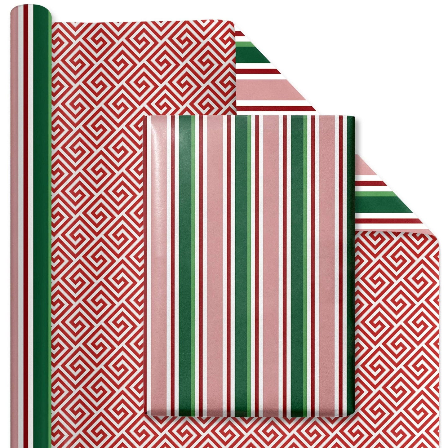 30" x 10' Reversible Holiday Wrapping Paper | Multi-Colored Stripe/Diagonal Greek Key