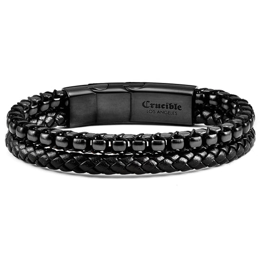 Crucible Stainless Steel Box Chain and Leather Bracelet