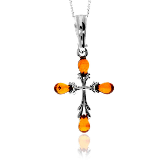 925 Sterling Silver & Genuine Baltic Amber Small Cross Pendant