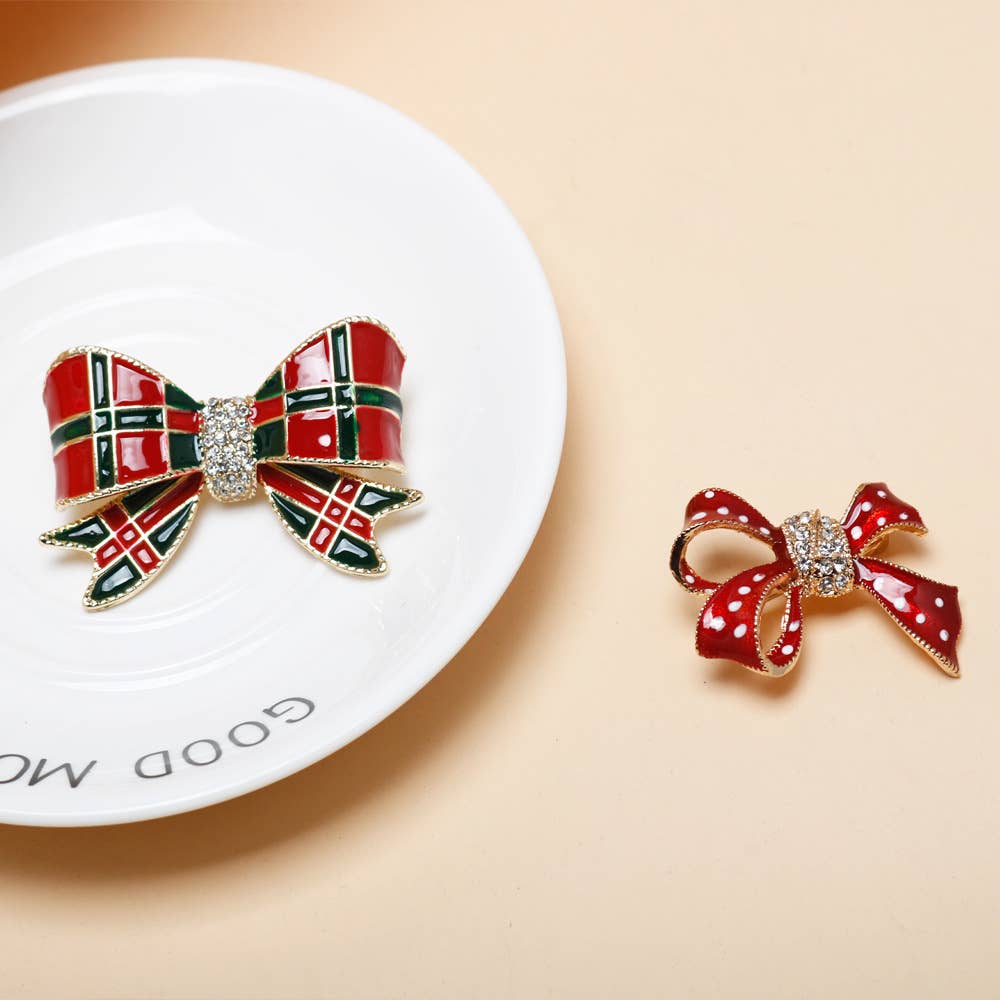 Christmas Bow Brooch, Polka Dot & Plaid Rhinestone Pins