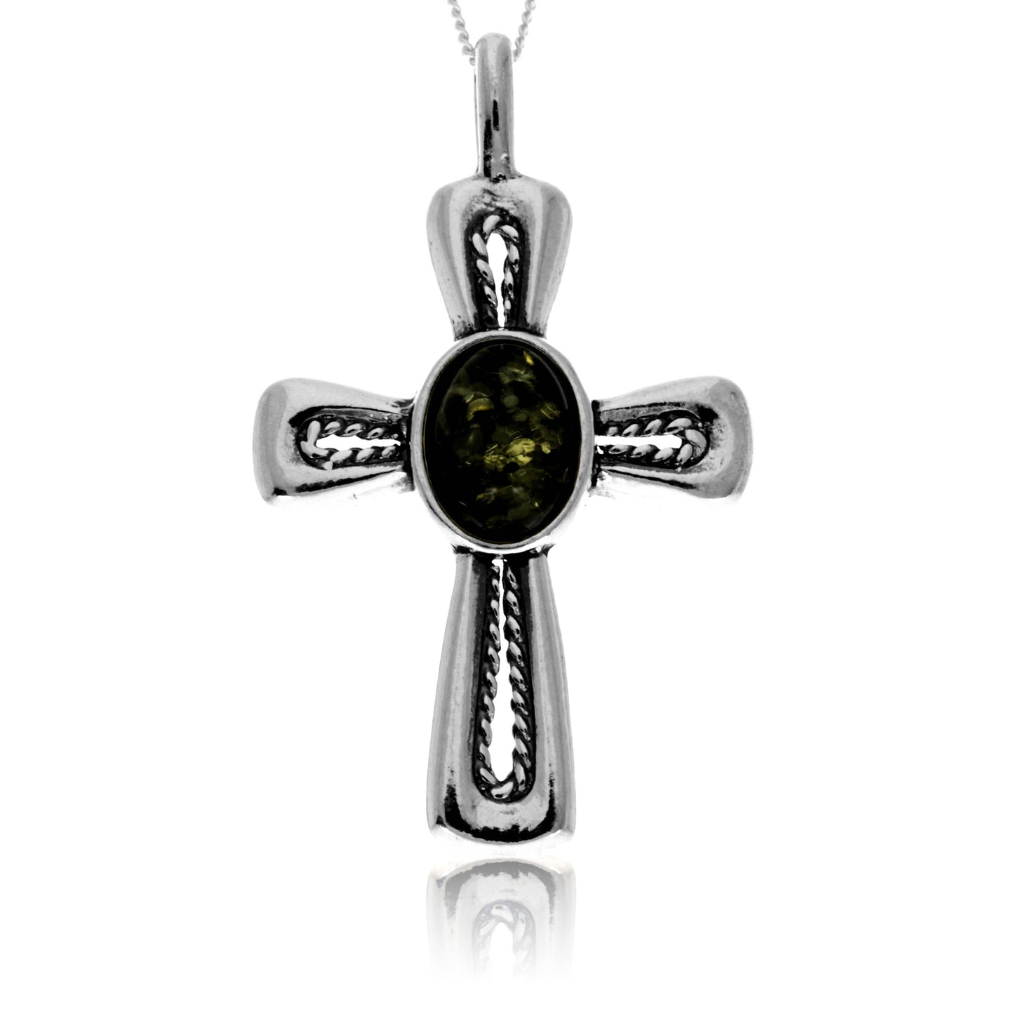 925 Steling Silver & Genuine Baltic Amber Celtic Cross Pendant