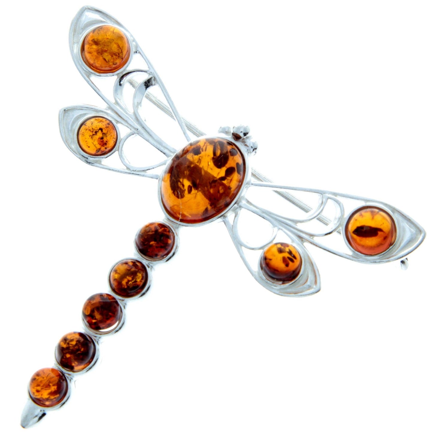 925 Sterling Silver & Baltic Amber Dragonfly Butterfly Brooch