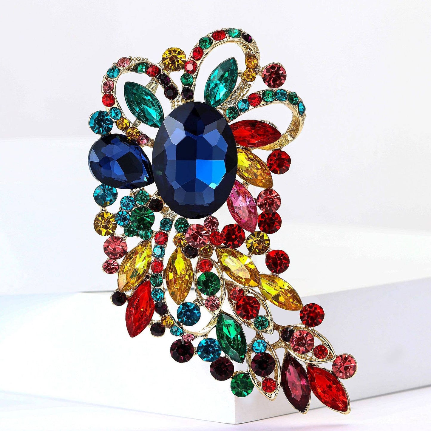 Large Rhinestone Leaf Oval Brooch Pin