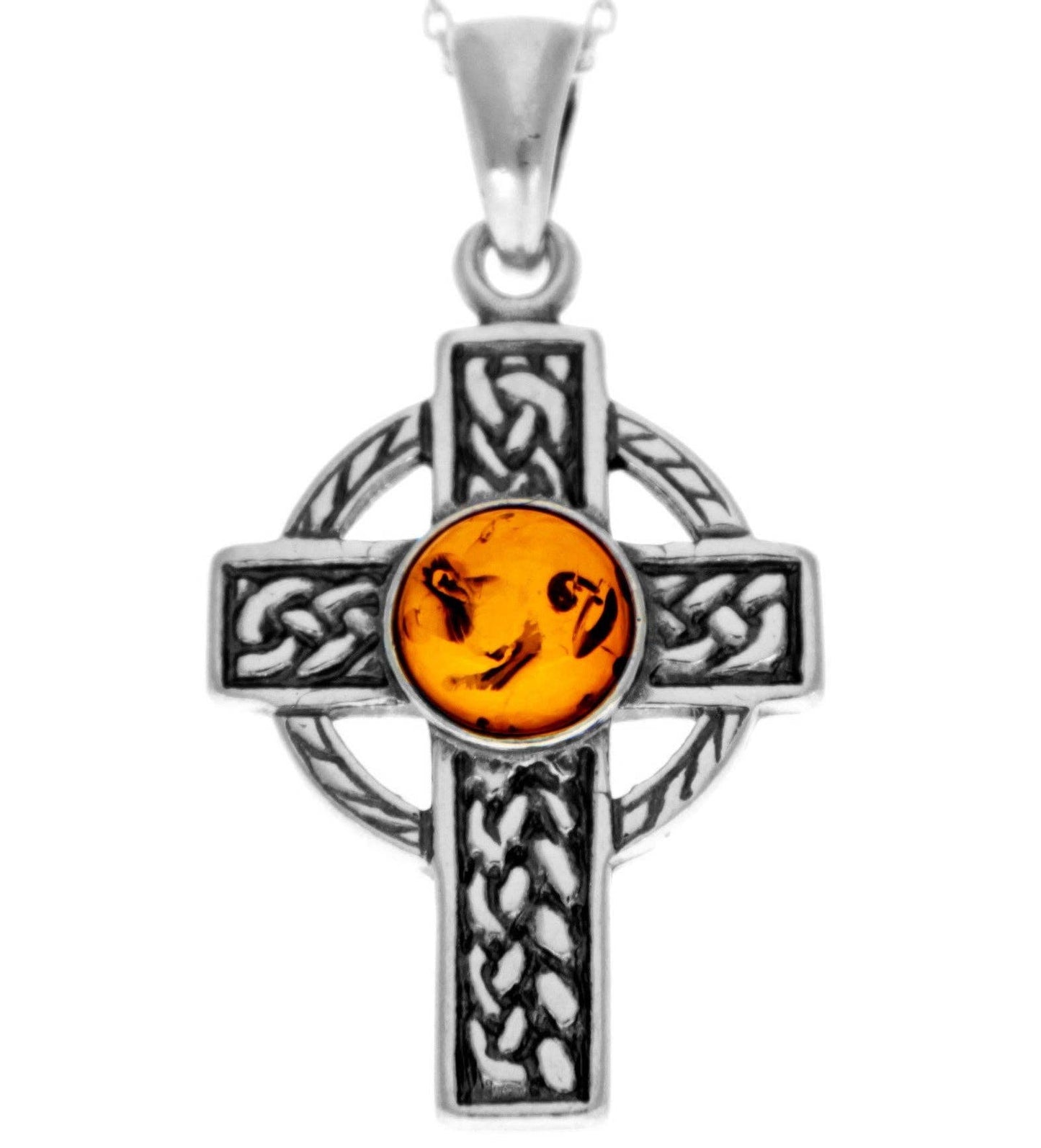 925 Sterling Silver & Baltic Amber Celtic Cross Pendant