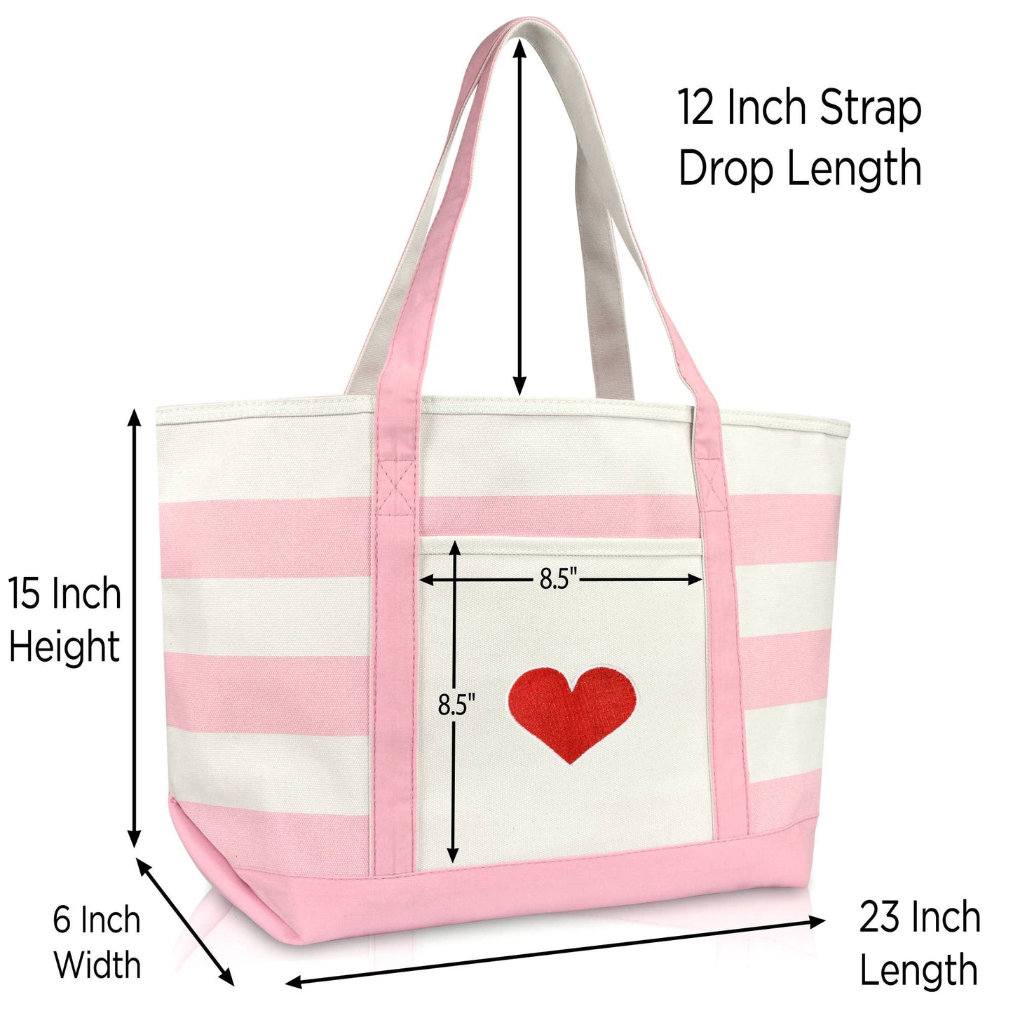 Dalix Love Big Heart Womens Embroidered Striped Tote Bag