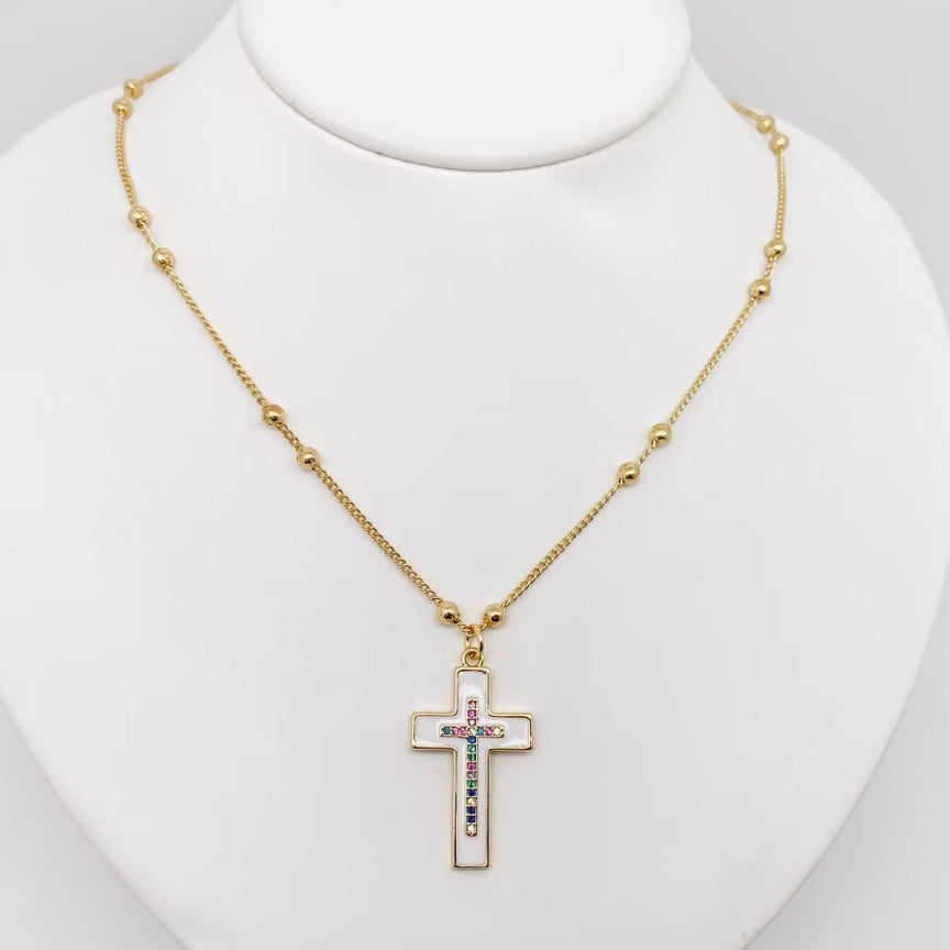 Colored Cubic Zirconia Enamel White Cross 50MM