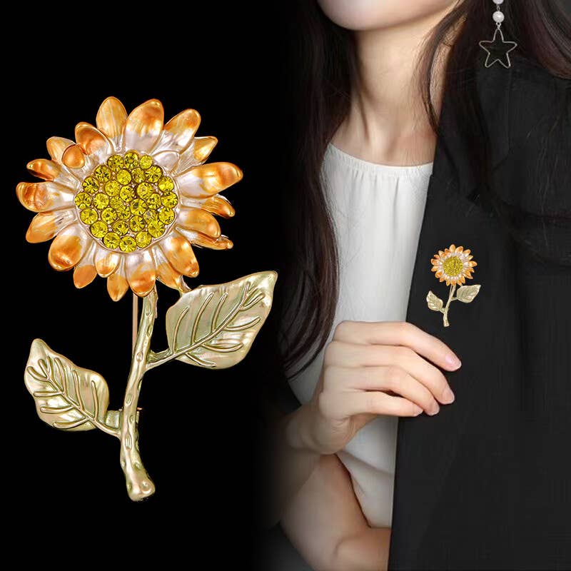 Rhinestone Sunflower Enamel Plant Brooch Pin